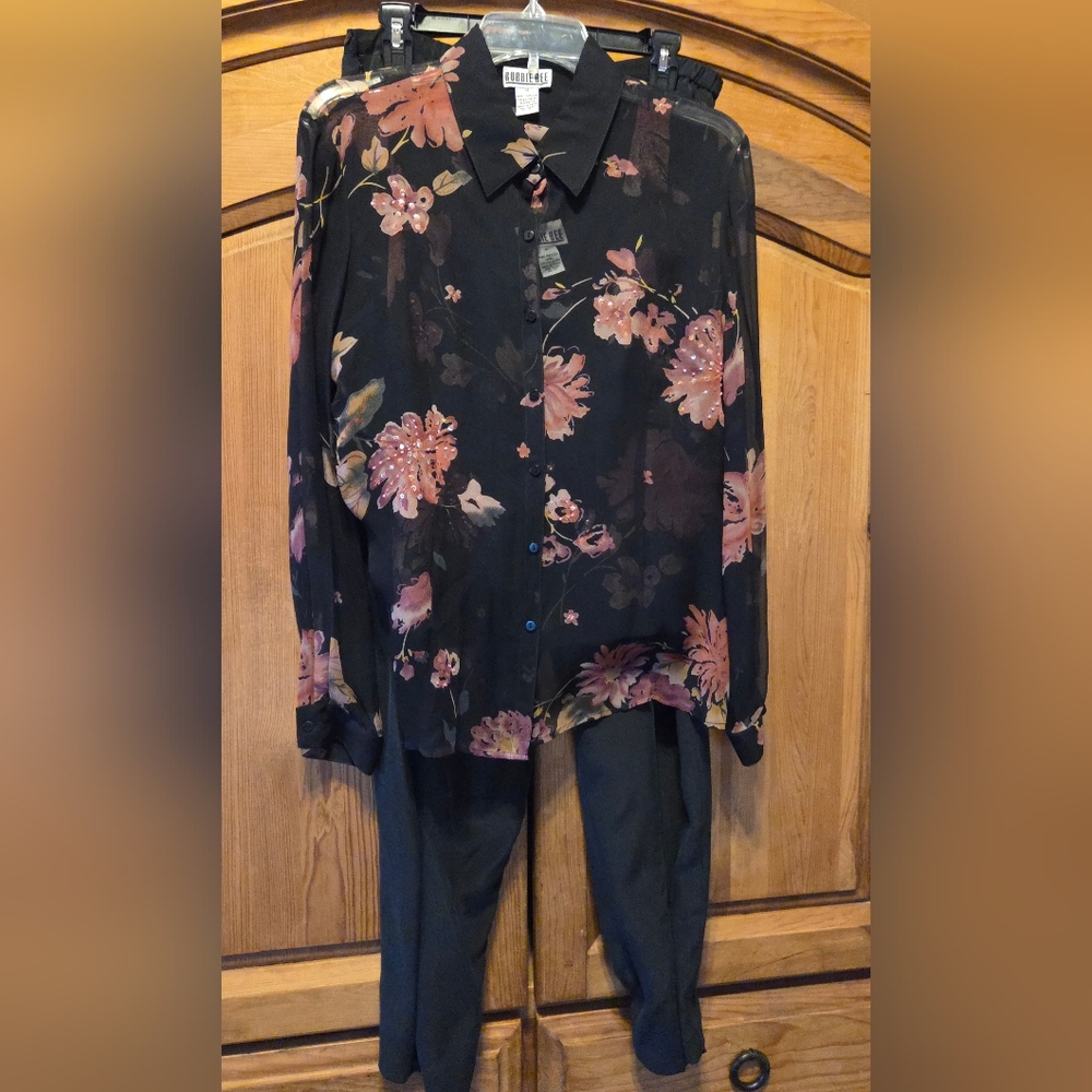 3 Pc Silk Pantsuit Blouse Tank Pants Black Rose Floral Robbie Bee Vtg Sz 12 NWO